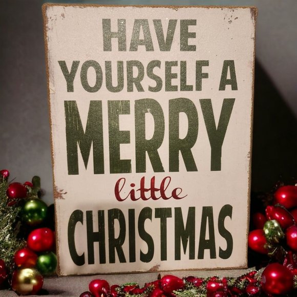 Have Yourself A Merry Little Christmas Burlap Wood Rustic Tabletop Sign 12" X 16 - Picture 3 of 12